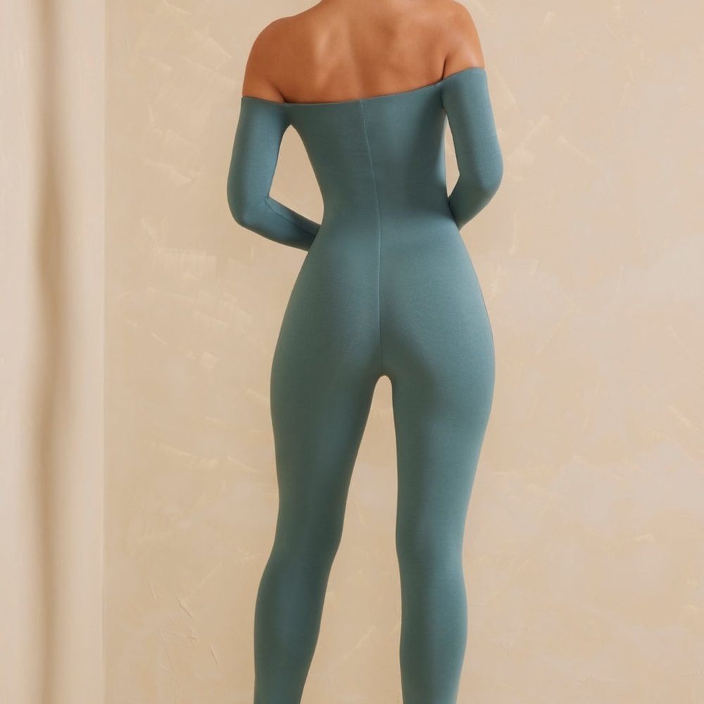 Off the shoulder teal jumpsuit - Picture 6 of 8